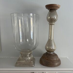 Mercury Glass, Silver & Wood Vase & Candle Holder Set